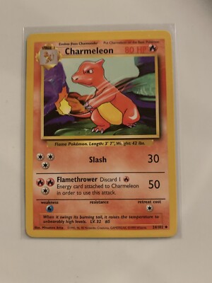 Stage 1 Pokemon Charmeleon Card 24/102, 1995 80 HP SLASH FLAMETHROWER