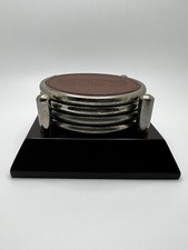 Vintage Set of 4 Leather Metal Coaster w/ Wooden Caddy Set, Made In India