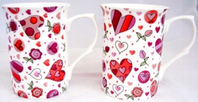 Chic Hearts Tassen Set 2 Fine Bone China Herzen Multi Herz Tassen Handdekoriert UK
