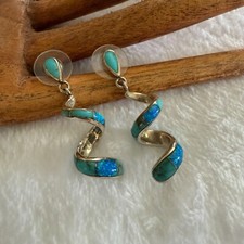Vintage Sterling Silver Turquoise Blue Opal Spiral Drop Earrings For Women