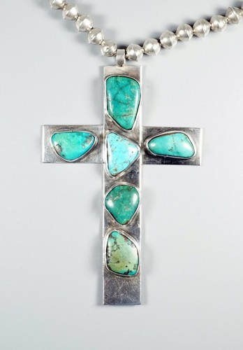 Vintage Old Pawn Sterling Silver Turquoise Cross Pendant Navajo Pearls Necklace - Picture 7 of 12