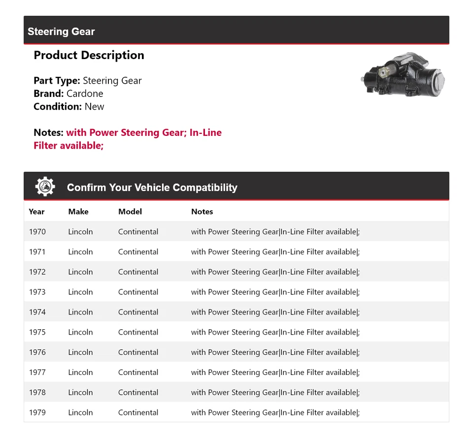 Para Lincoln Continental 1970-1979 engranaje de dirección Cardone 1971 1972 1973 1974 1975 Foto 2 de 4