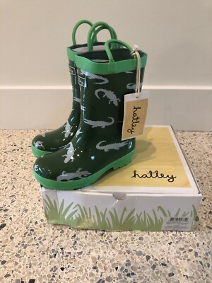 Hatley Small Kids Green Rainboots Galoshes With White Crocodiles Green Trim