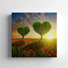 Heart Trees At Sunset Canvas Print Wall Art, Stylish Home Decor Wall Hanging