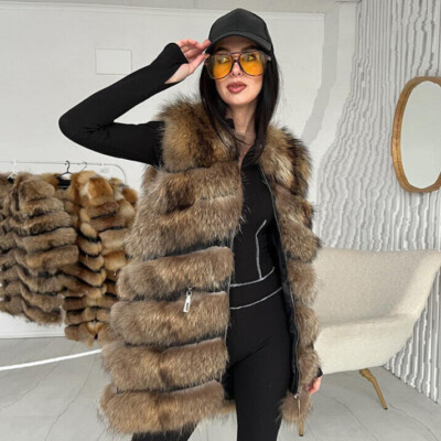 Genuine Real Raccoon Fur Vests Luxury Women's Coats Thick