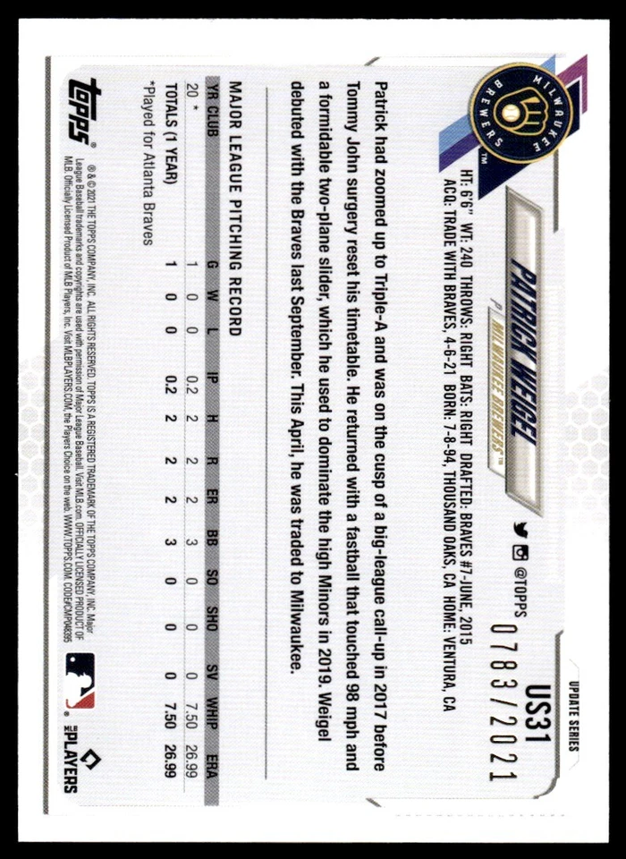 2021 TOPPS GOLD /2021 Patrick Weigel Milwaukee Brewers #US31 R165 - Image 2 of 2