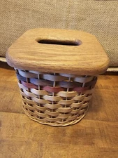 Woven Large Square Tissue Box Cover Signed M Hanson 97 with Wooden Top