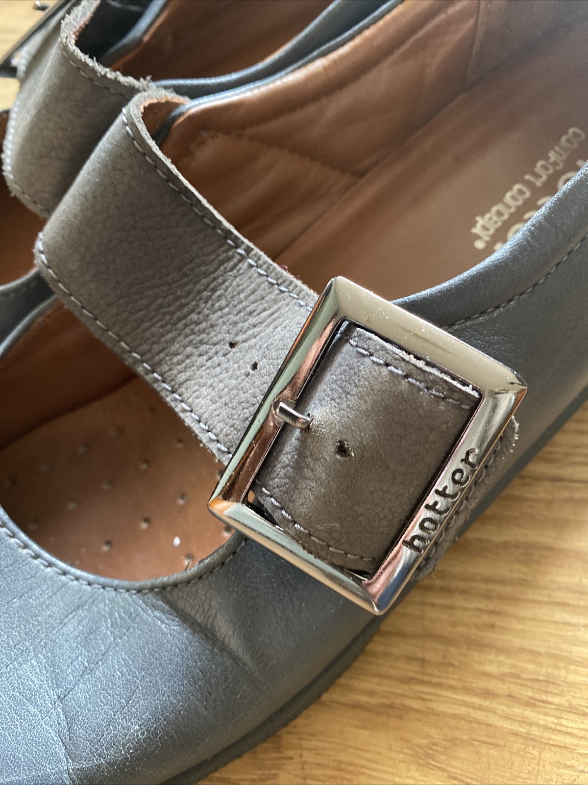 Womens HOTTER Shoes Size 4 Grey Leather Comfort shoes Mary Jane Style