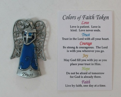 K1 TRUST in the Lord COLORS OF FAITH POCKET TOKEN ANGEL charm holding cross blue - Picture 1 of 6