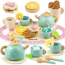 Wooden Tea Set for Little Girls Play Food Set, Green, Beige, White