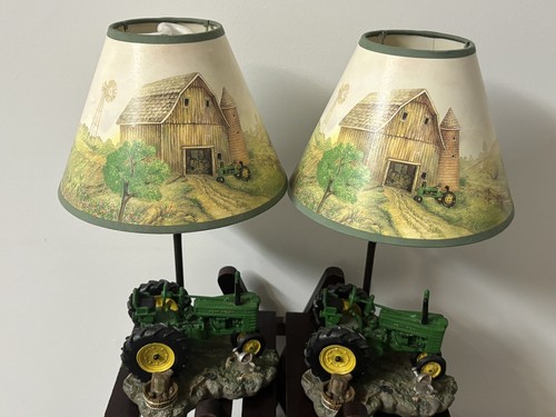 Pair of Vintage John Deere 1999 Farm Tractor 15.5" Table Lamp With Shade