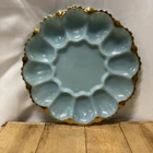 Vtg Anchor Hocking Delphite Blue Deviled Egg Serving Plate Glass GoldTrim Easte