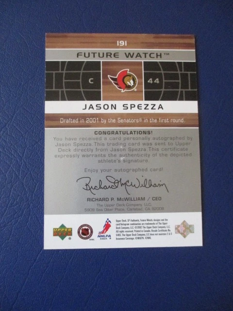 2002-03 SP Authentic Future Watch #191 Jason Spezza Auto /999 RC NM - Image 2 of 2