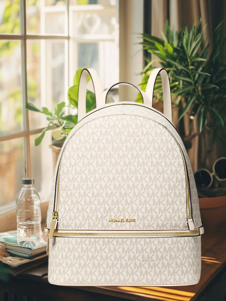 Michael Kors Rhea Women Medium MK Logo Double Zip Backpack Light