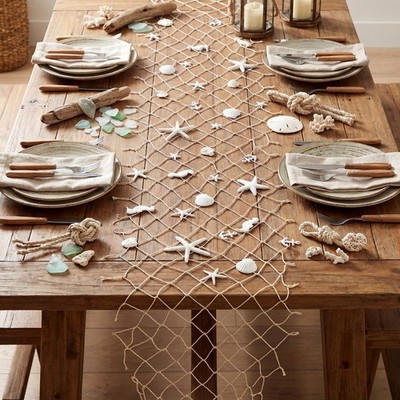 13 x 72 Inch Nautical Fish Net Table Runner Fish Net Decoration with 34 Pcs S...