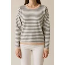 Anrabess Striped Knit Pullover Top Gray White Peach Crew Neck Sweater