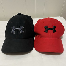 Under Armour Boys Youth Baseball Caps Lot 2 Black/Red Embroidered Logo XS/S M