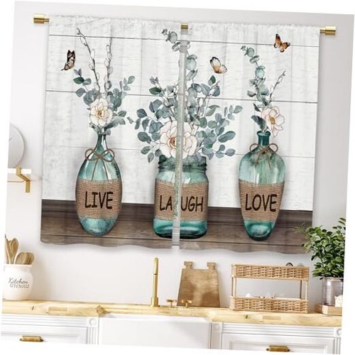 Farmhouse Leaf Kitchen Curtains 27.5"W x 39"L (Pack of 2) 17_green_bottle
