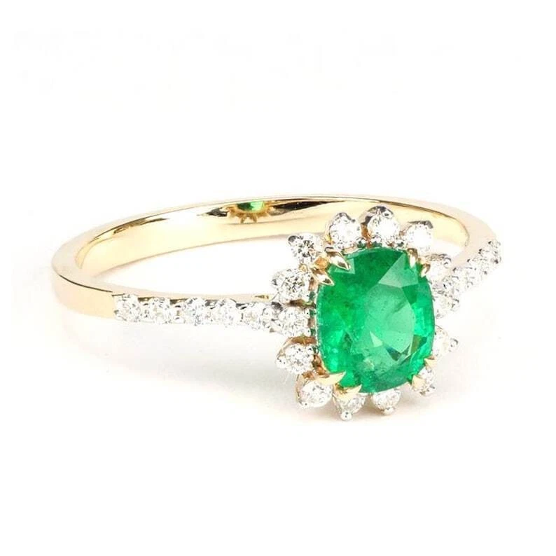 Natürlicher Smaragd Und Diamanten Edelstein Halo Verlobungsring 14k Gelbgold - Bild 4 von 4