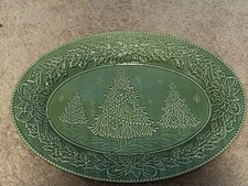 Cracker Barrel Peace On Earth Green Majolica 18" Platter Christmas Trees