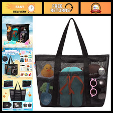 Large Waterproof Mesh Beach Tote Bag with Zipper, 8 Pockets, Sandproof Pool Acce