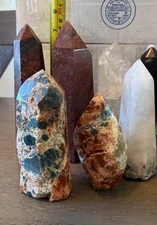 CRYSTAL TOWERS lot of 7, Sunstone Red Jasper Clear Quartz Teardrop Point Flame