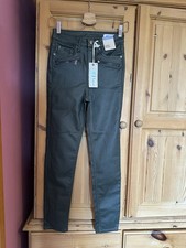 M&S Denim Coated Skinny Jeans UK 8 Short Dark Green High Rise Wax Look Trousers