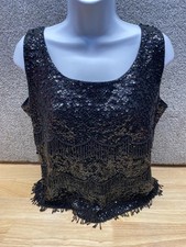 Vtg Black Wool Womens 38 Hong Kong SEQUIN BEAD FRINGE Goth COCKTAIL TANK Top