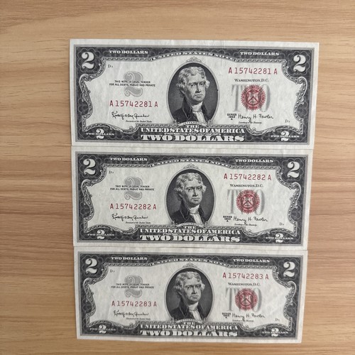 1963 Set Of 3 Consective $2 Dollar Bill Red Seal Note