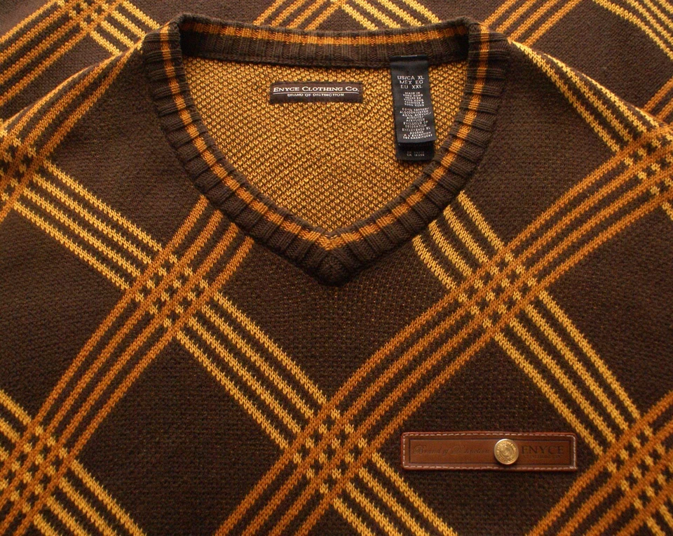 Винтажный Enyce хлопок/акрил вязаный свитер с круглым вырезом коричневый/золотой, мужской 2XL XXL - Изображение 3 из 3