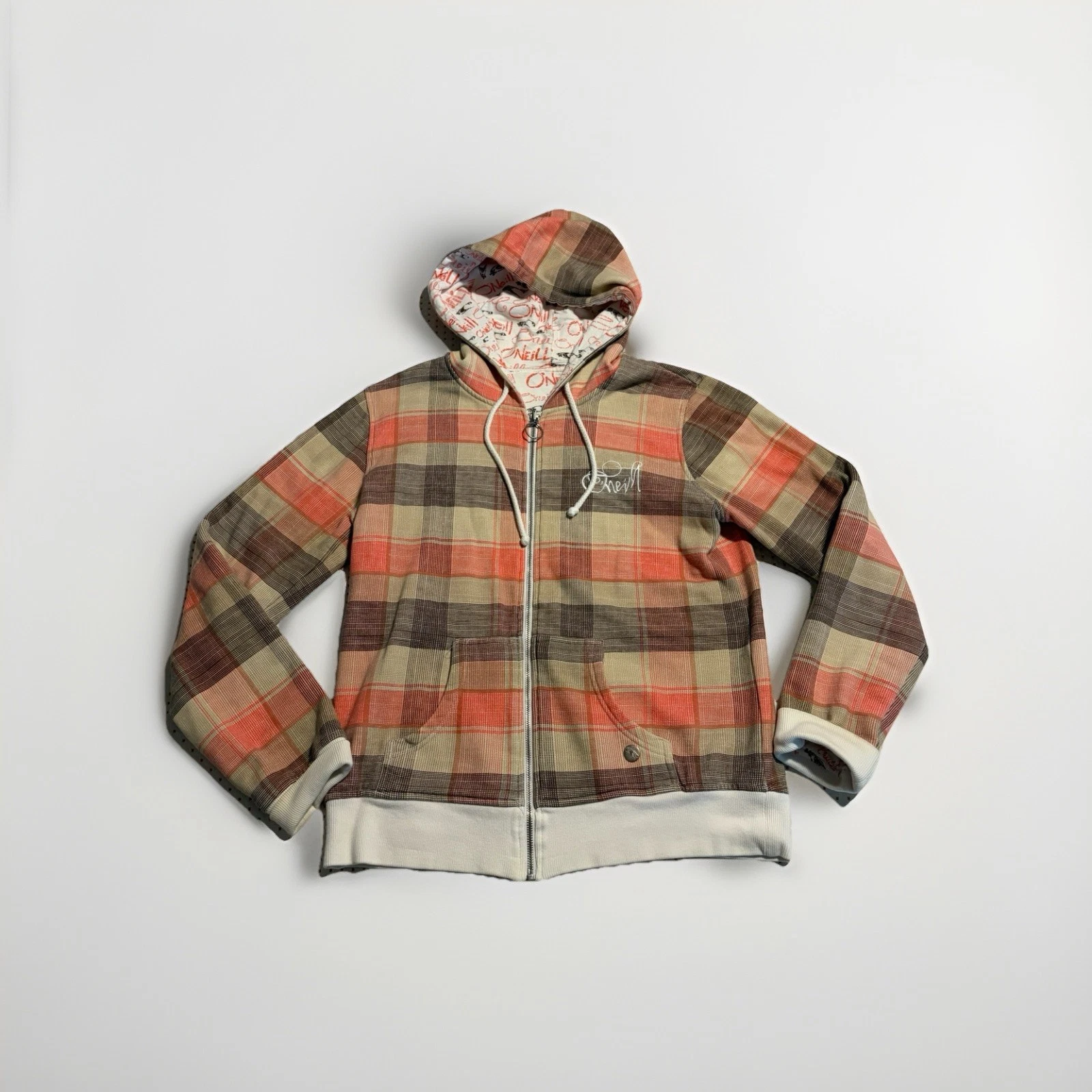 VTG Y2K O’neil Hoodie Plaid Full Zip reversible Skate Jacket Size Large ￼