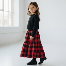 Skirt Flannel Girls 3/4 Maxi Red Buffalo Plaid Ruffle Tier Mom and Pop's Kids