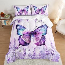 Beautiful Butterfly Comforter Set Full Size,Blossoming Lavender Flowers Beddi...