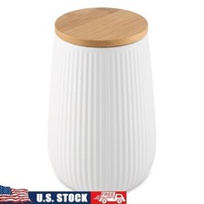 Large White Ceramic Ribbed Canister W/ Bamboo Airtight Lid Kitchen Storage New