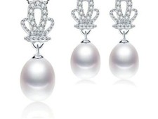 Sale Natural Pear Silver 925 Diamond Crown Ear Ring Necklace Set Formal Dress