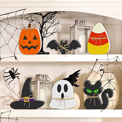 6PCS Halloween Wooden Decor - Halloween Wooden Signs Include Pumpkin Ghost Bat - Picture 2 of 8