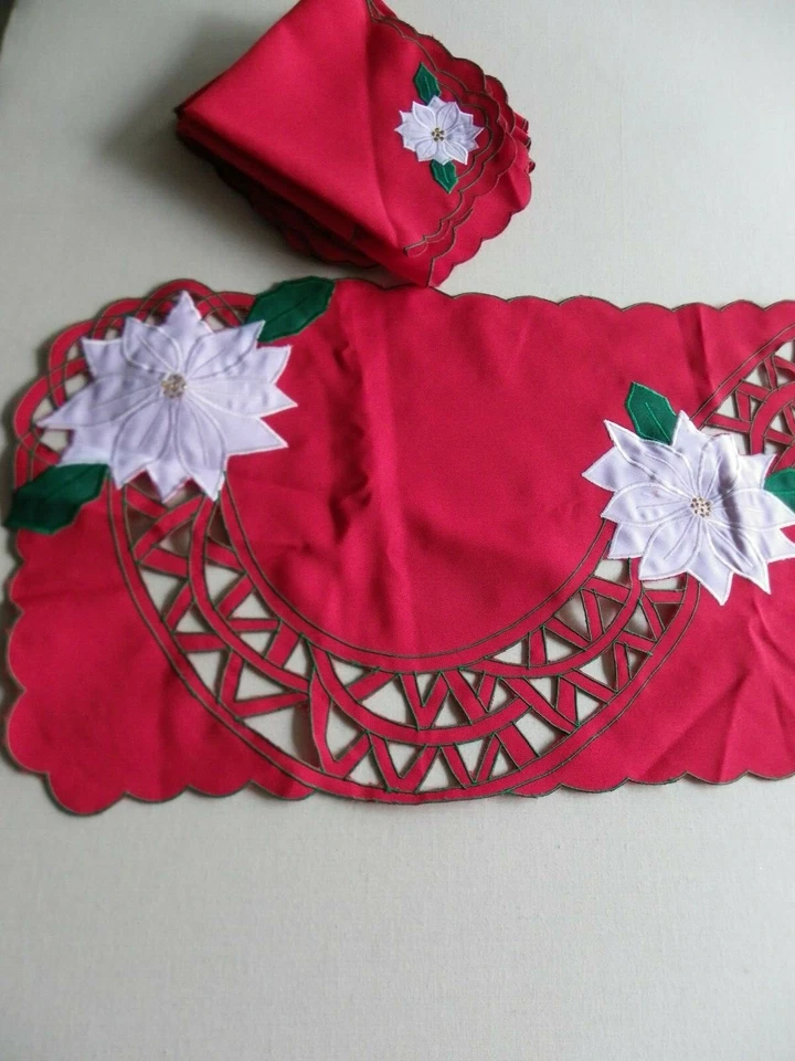 Christmas Embroidered Table Runner & 8 Napkins Red W/White Poinsettias 70" x 13 - Image 3 of 4