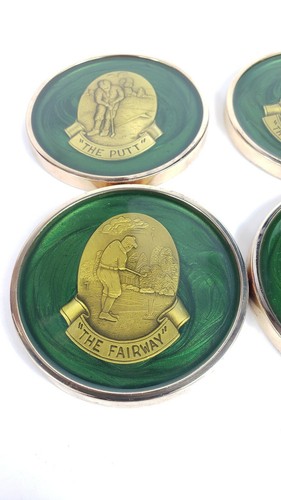 Lot of 4 Vintage Golf Coasters Brass Medallion Set Heavy Green Marbled  - Bild 3 von 4