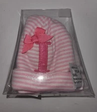 Mud Pie Baby Girl Initial "I" Pink Striped Newborn Beanie Size 0-3 Months New