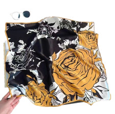 26"X26"Yellow Roses Print Pure Mulberry Satin Silk 12momme Scarf 65x65cm 4-25