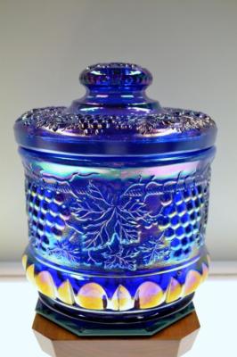 fenton tobacco jar FENTON TOBACCO JAR Cobalt Blue Carnival GRAPES 9188KZ NIB