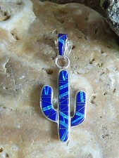 Southwest Saguaro Cactus Sterling Silver Blue Lapis Opal pendant handcrafted NEW