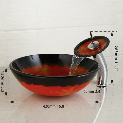 Red Bathroom Countertop Mounted Tempered Glass Basin Sink Chrome Mixer Faucet - Picture 2 of 10