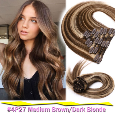 Real Indian Clip In 100% Human Hair Extensions Full Head Remy Straight 8PCS Ashy