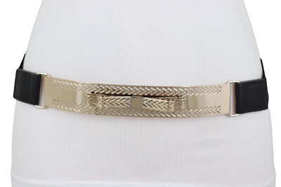 Women Black Elastic Narrow Fashion Thin Belt Gold Metal Bow 