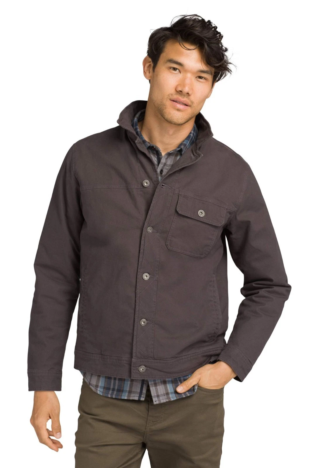 Prana Trembly Canvas Jacket Mens Small Charcoal W/red Quilted Liner (S365)