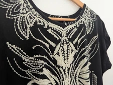Black Ivory Abstract Feather Wing Damask Silver Glitter Shift T-Shirt Dress