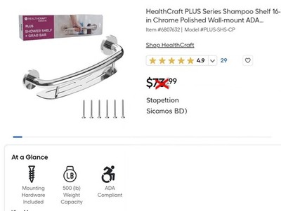 HealthCraft PLUS Series 2 in 1 Grab Bar Shelf 16'' Chrome Finish Wall-Mount 500lb