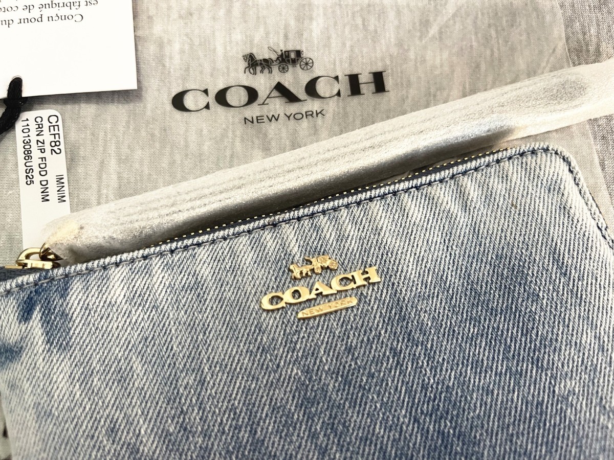 Coach CEF82 Corner Zip Wristlet Loved Denim With Charms Gold/Light