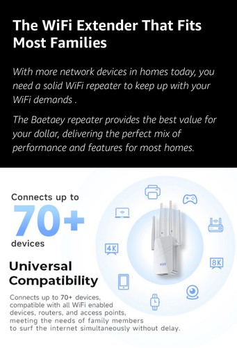 New Baetaey 2025 WiFi Extender Signal Wireless Booster w/ Ethernet Port 1 Tap - Photo 9/9